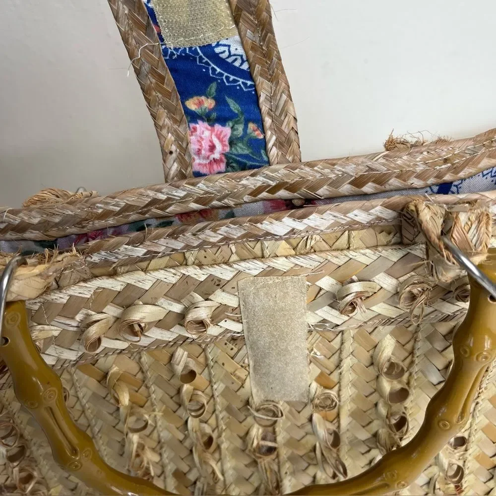 Vintage Handmade Tan Straw Satchel Handbag Faux Bamboo Handles Floral Lining
